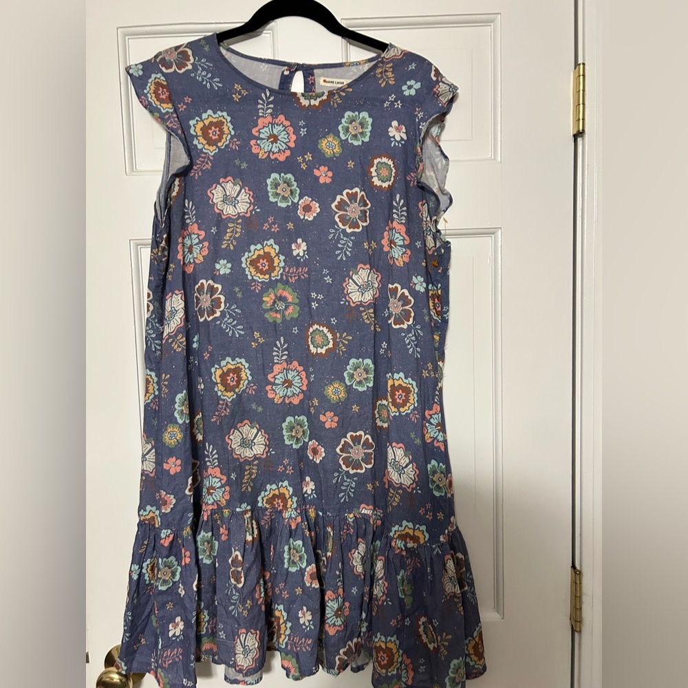 Marine Layer Blue Floral Ruffle-Hem Girls Dress